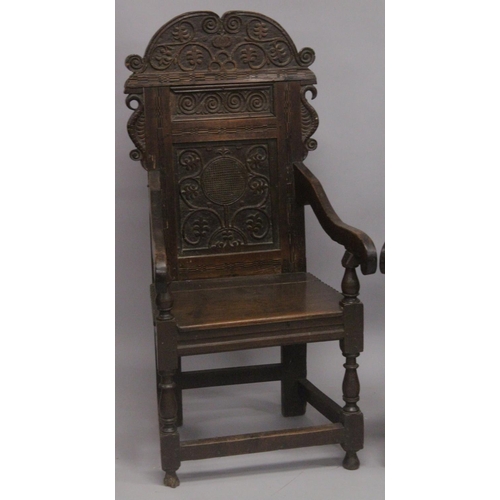 1024 - A GOOD PAIR OF MOSTLY 17TH - EARLY 18TH CENTURY OAK WAINSCOT CHAIRS with carved backs, bog oak inlay... 