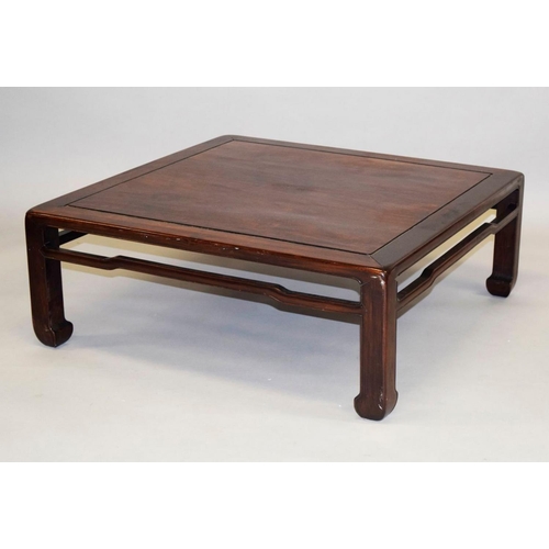 1025 - A GOOD CHINESE HARDWOOD SQUARE TABLE, on square form legs. 33cm high, 90cm square.