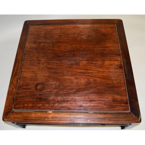 1025 - A GOOD CHINESE HARDWOOD SQUARE TABLE, on square form legs. 33cm high, 90cm square.