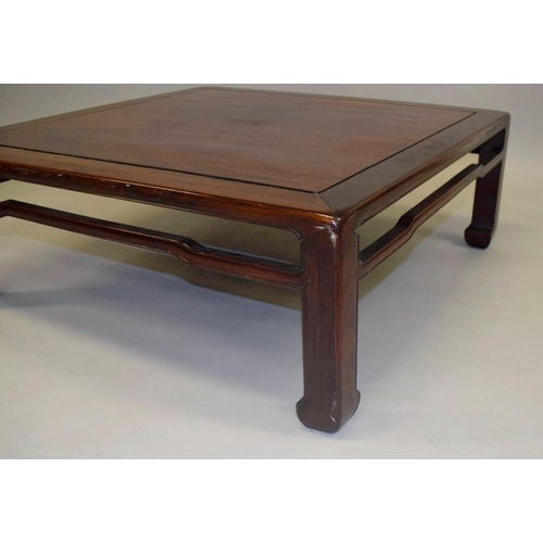 1025 - A GOOD CHINESE HARDWOOD SQUARE TABLE, on square form legs. 33cm high, 90cm square.