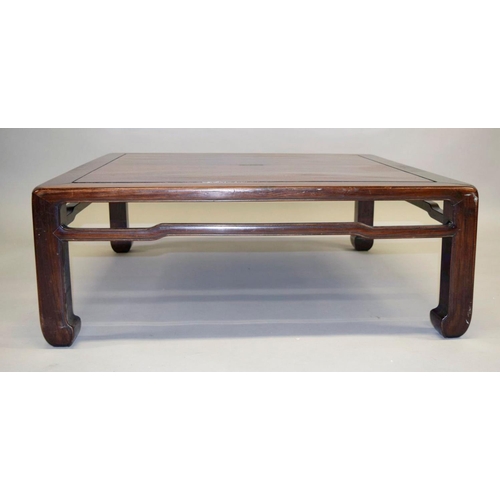 1025 - A GOOD CHINESE HARDWOOD SQUARE TABLE, on square form legs. 33cm high, 90cm square.