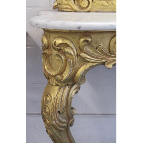 1039 - A SUPERB LARGE 18TH AND 19TH CENTURY GILTWOOD MARBLE TOP CONSOLE AND MIRROR, the mirror with acanthu... 