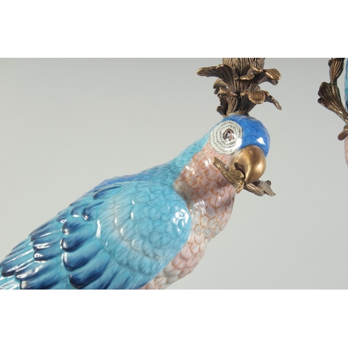 1121 - A GOOD PAIR OF BLUE PORCELAIN PARROT CANDLESTICKS on rustic bases, brass capped. 1ft 6ins high.