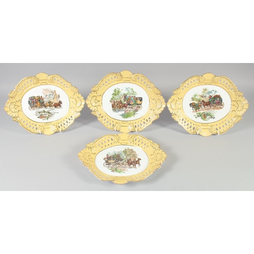 1123 - A SET OF FOUR CONTINENTAL YELLOW GROUND OVAL STAGECOACH DISHES. 12ins wide.