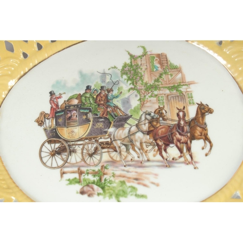 1123 - A SET OF FOUR CONTINENTAL YELLOW GROUND OVAL STAGECOACH DISHES. 12ins wide.