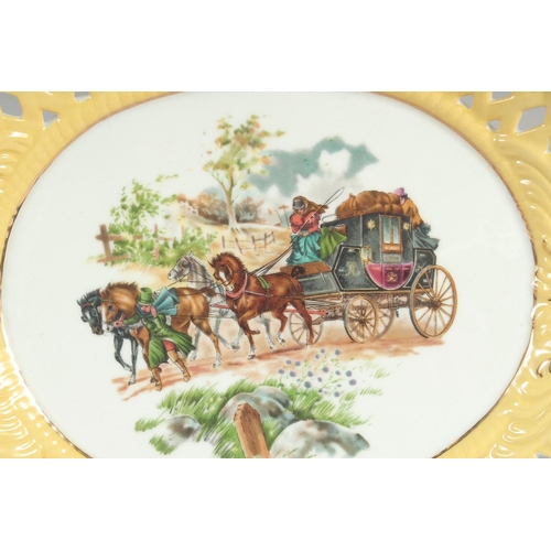 1123 - A SET OF FOUR CONTINENTAL YELLOW GROUND OVAL STAGECOACH DISHES. 12ins wide.