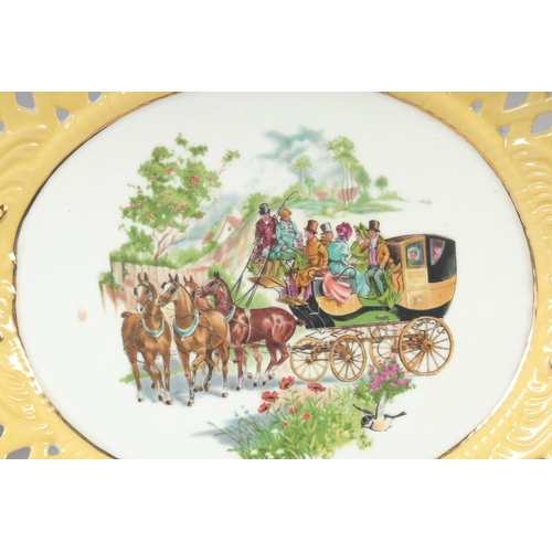 1123 - A SET OF FOUR CONTINENTAL YELLOW GROUND OVAL STAGECOACH DISHES. 12ins wide.