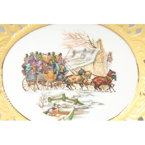 1123 - A SET OF FOUR CONTINENTAL YELLOW GROUND OVAL STAGECOACH DISHES. 12ins wide.