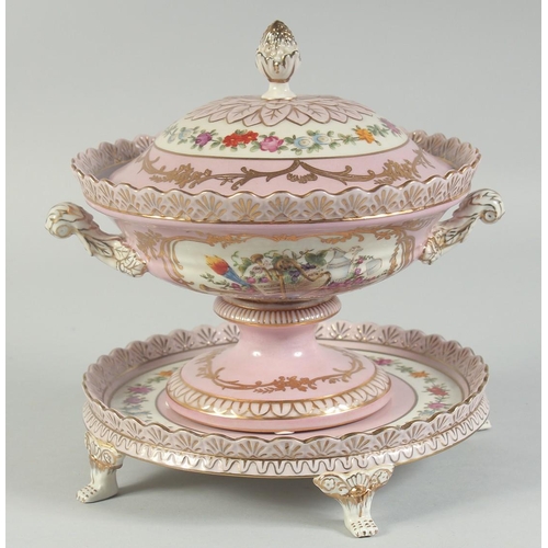 1125 - A SEVRES STYLE PINK TUREEN, COVER AND STAND on four claw feet.