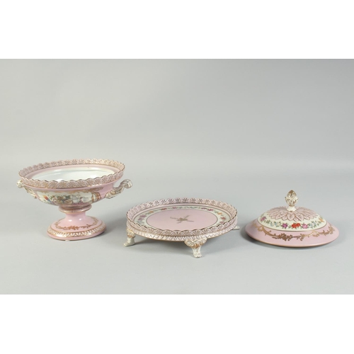 1125 - A SEVRES STYLE PINK TUREEN, COVER AND STAND on four claw feet.