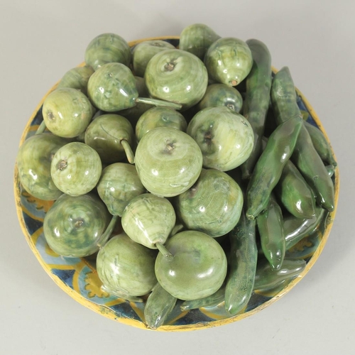 1139 - A GOOD PALISSY TYPE POTTERY BOWL as a bowl of fruit and vegetables. The underneath in blue and yello... 