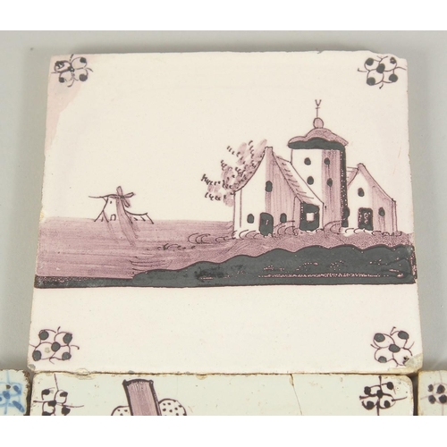 1144 - A COLLECTION OF TEN EARLY DELFT MANGANESE AND BLUE AND WHITE TILES. 13cm x 13cm.