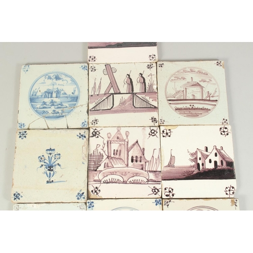 1144 - A COLLECTION OF TEN EARLY DELFT MANGANESE AND BLUE AND WHITE TILES. 13cm x 13cm.