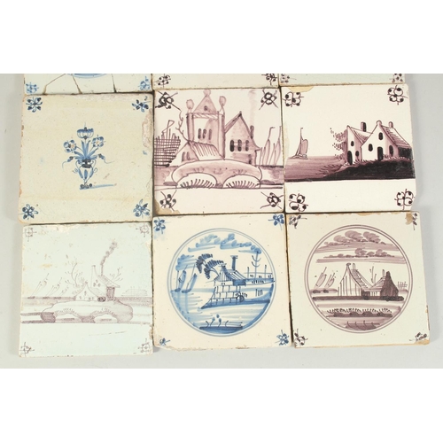 1144 - A COLLECTION OF TEN EARLY DELFT MANGANESE AND BLUE AND WHITE TILES. 13cm x 13cm.