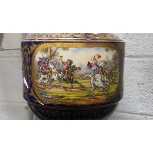 1149 - A SUPERB LARGE PAIR OF 19TH CENTURY SEVRES PORCELAIN URNS AND COVERS, rich blue ground with gilt dec... 