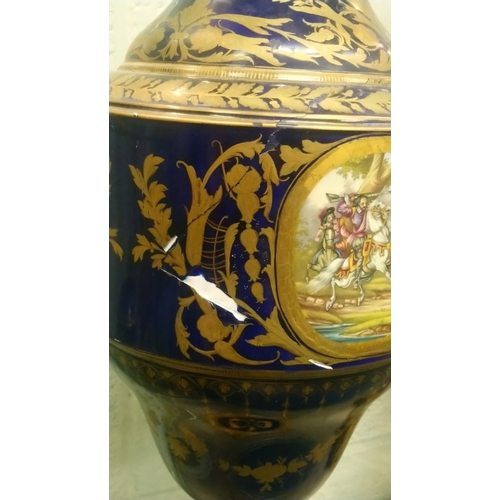 1149 - A SUPERB LARGE PAIR OF 19TH CENTURY SEVRES PORCELAIN URNS AND COVERS, rich blue ground with gilt dec... 