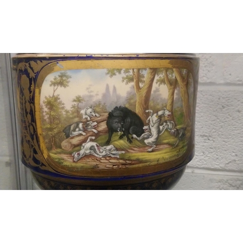 1149 - A SUPERB LARGE PAIR OF 19TH CENTURY SEVRES PORCELAIN URNS AND COVERS, rich blue ground with gilt dec... 