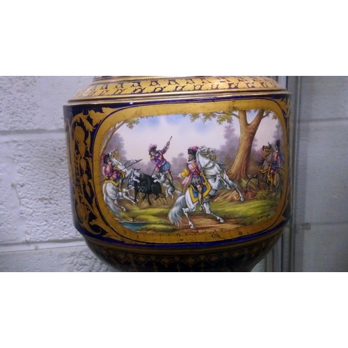 1149 - A SUPERB LARGE PAIR OF 19TH CENTURY SEVRES PORCELAIN URNS AND COVERS, rich blue ground with gilt dec... 