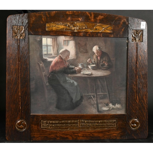 54 - After H.J. Dobson, A colour print of a Scottish couple having a frugal meal in an oak parcel gilt Ar... 