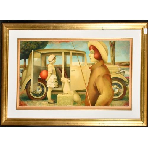 56 - Favio Hurtado, a colour print, of a lady, child and dog by a vintage motor car, 15.25