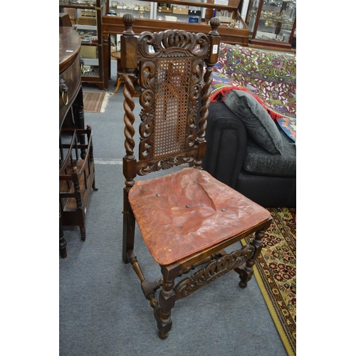 305 - A good set of Carolean style high back oak dining chairs with cane work backs and seats with leather... 