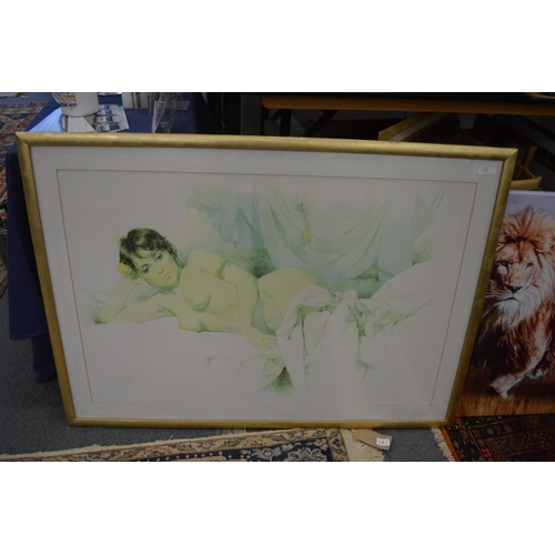 440 - A large photographic print on canvas of a male lion together with a print of a reclining female semi... 