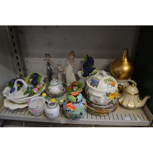 69 - A shelf of decorative china to include a pair of Herend basket weave dishes.