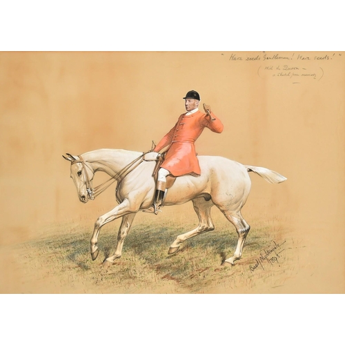 185 - Basil Nightingale, A huntsman from the Quorn, watercolour and gouache, the face possibly over a prin... 