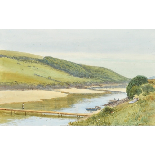 187 - William Edward Croxford, An idyllic West Country river landscape with figures on the bank, watercolo... 