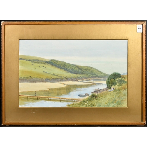 187 - William Edward Croxford, An idyllic West Country river landscape with figures on the bank, watercolo... 
