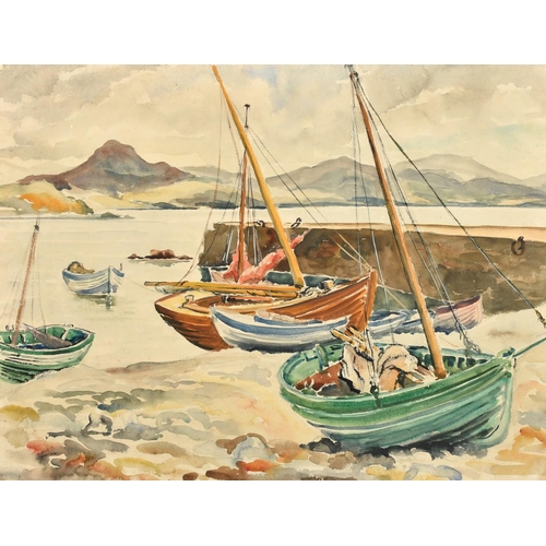 188 - D. Cashmore, Moored sailing boats by a stone pier, possibly Scotland, watercolour, signed, 15