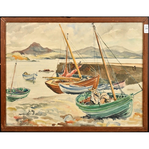 188 - D. Cashmore, Moored sailing boats by a stone pier, possibly Scotland, watercolour, signed, 15