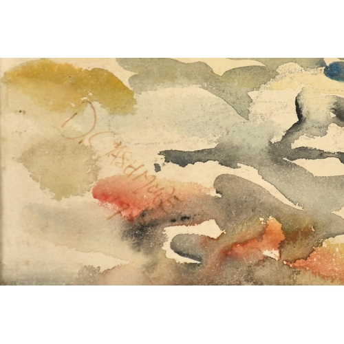 188 - D. Cashmore, Moored sailing boats by a stone pier, possibly Scotland, watercolour, signed, 15