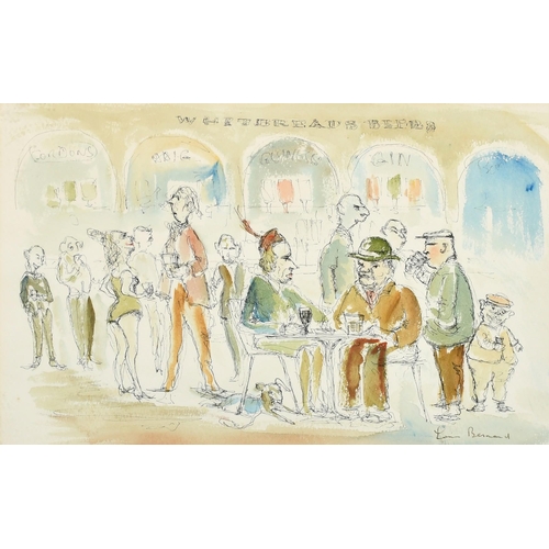 189 - L. Bernard, Characters in a lounge bar, ink and wash, signed, 11.25