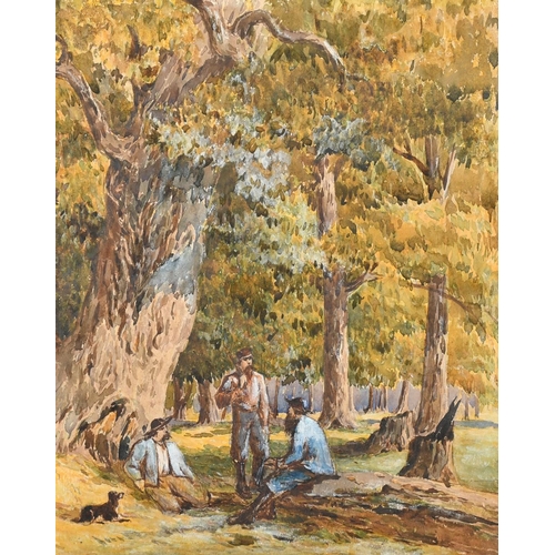 194 - North American School (19th Century), Lumberjacks and a dog in a forest clearing, watercolour, 12