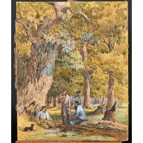 194 - North American School (19th Century), Lumberjacks and a dog in a forest clearing, watercolour, 12