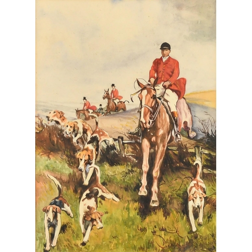 197 - Circle of Thomas Blinks, A hunt in full cry, watercolour, indistinctly signed, 11