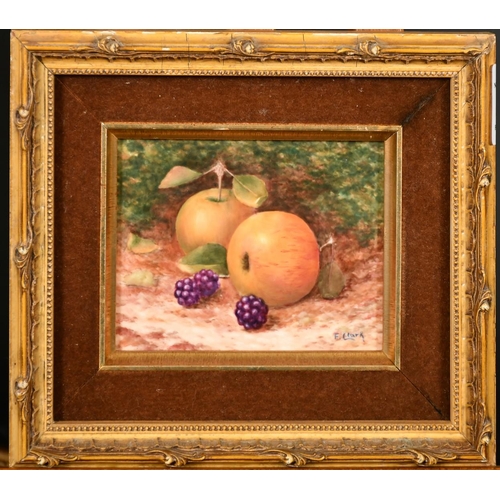 198 - F. Clark, a painted porcelain tile of apples and blackberries, signed, 3.25