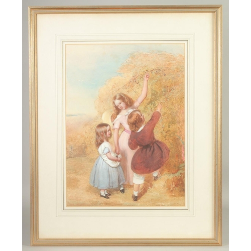 199 - Frederick Cruickshank (1800-1868) An Autumn scene of young children picking berries, watercolour, si... 
