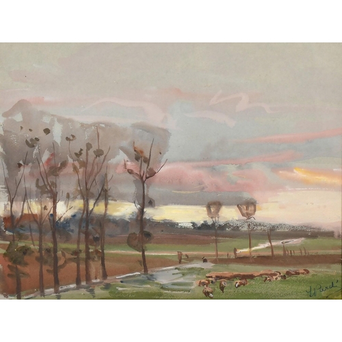 202 - Early 20th Century French School, Livestock in a field, watercolour heightened in white, indistinctl... 