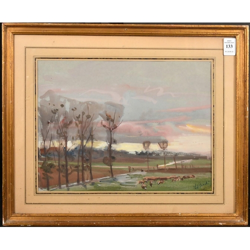 202 - Early 20th Century French School, Livestock in a field, watercolour heightened in white, indistinctl... 