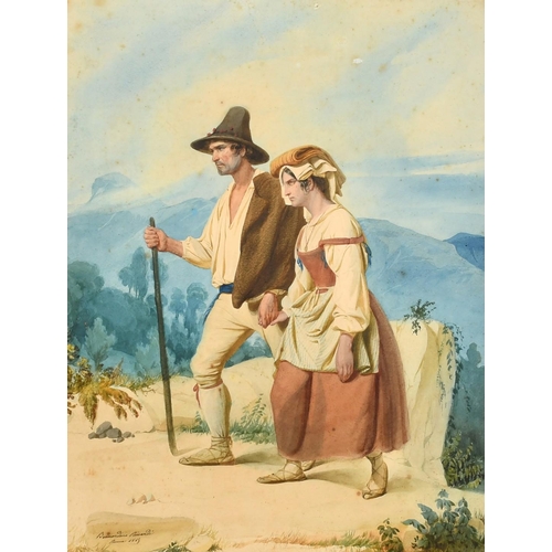 206 - Bernadino Ricciardi (1814-1854) Italian, figures crossing a mountainous landscape, watercolour, sign... 