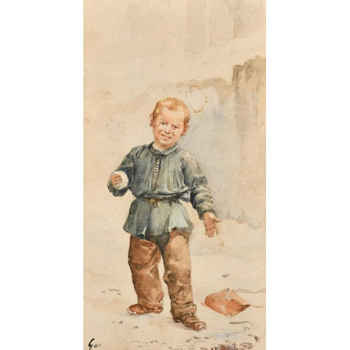 207 - Jean Jules Henry Geoffroy (1853-1924) French, a young boy holding a snowball, watercolour, signed, 9... 