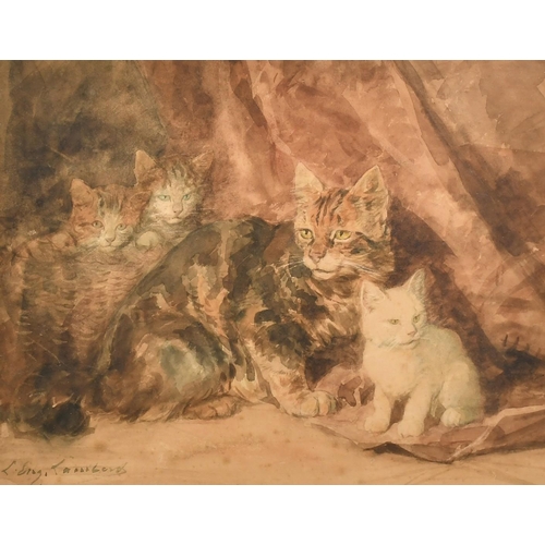 208 - Louis Eugene Lambert (1825-1900) French, A tortoiseshell cat with kittens, watercolour, 9.75