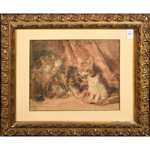 208 - Louis Eugene Lambert (1825-1900) French, A tortoiseshell cat with kittens, watercolour, 9.75