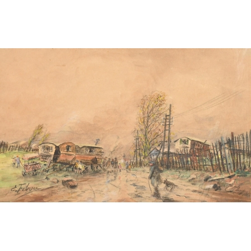 209 - Edouard Febvre (1885-1967) French, Figures conversing on a track with houses either side and the Hot... 