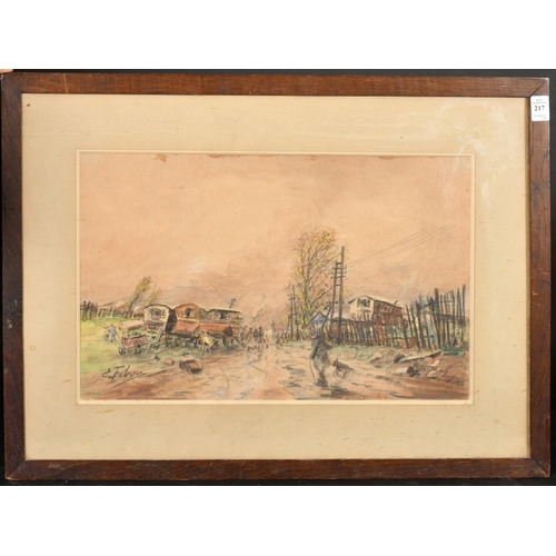209 - Edouard Febvre (1885-1967) French, Figures conversing on a track with houses either side and the Hot... 