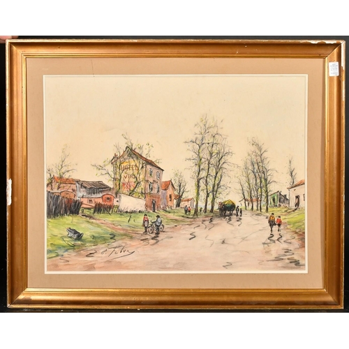 209 - Edouard Febvre (1885-1967) French, Figures conversing on a track with houses either side and the Hot... 