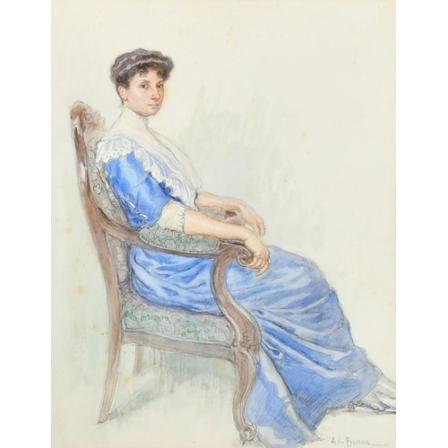 210 - Continental School circa 1890, A lady seated on a chair wearing a long blue dress with a white neck ... 