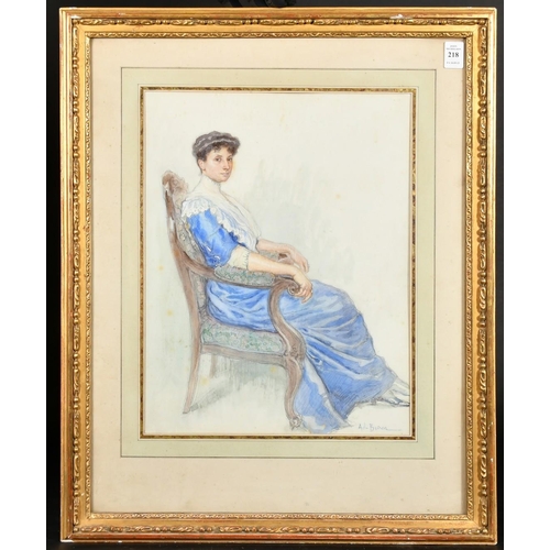 210 - Continental School circa 1890, A lady seated on a chair wearing a long blue dress with a white neck ... 